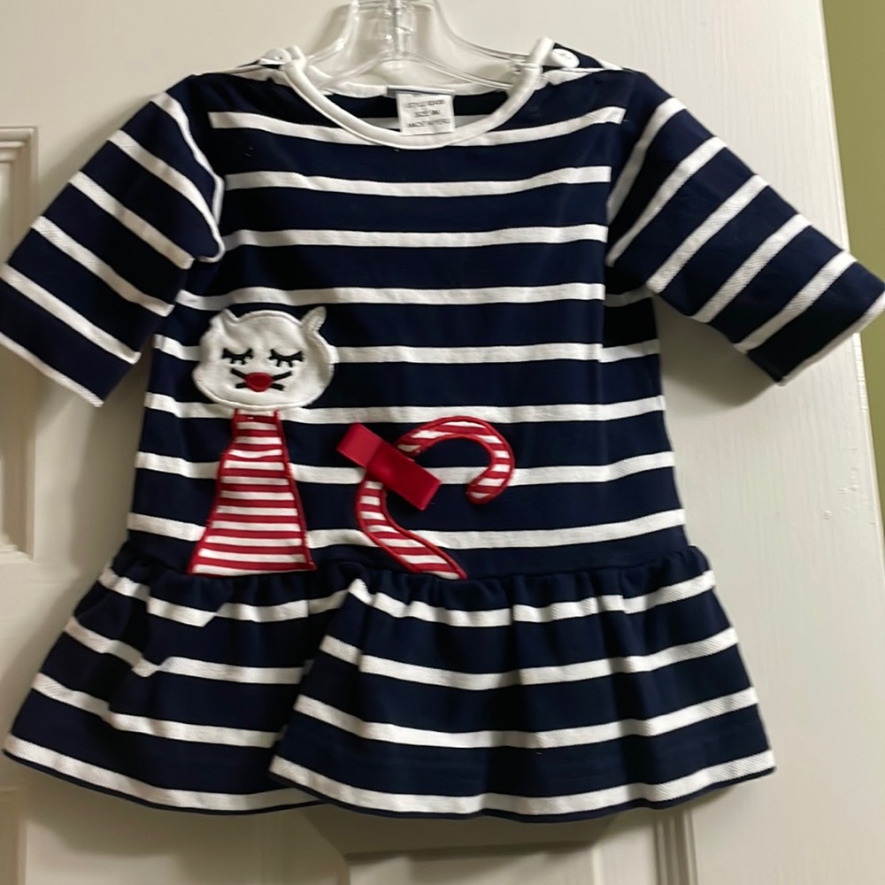 Florence Eiseman blue and white striped dress with design.